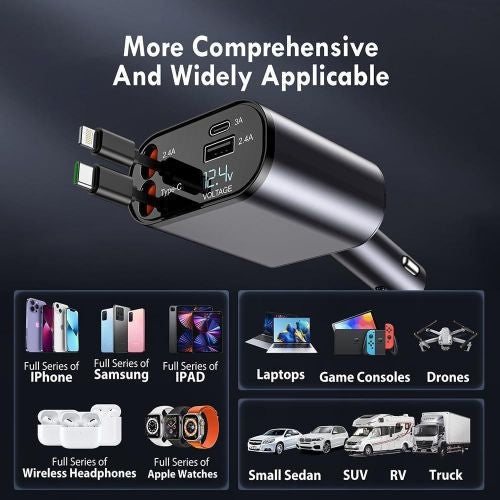 ⚡ CHARGEUR VOITURE RAPIDE 30W AVEC CÂBLES INTÉGRÉS TYPE-C & iPhone