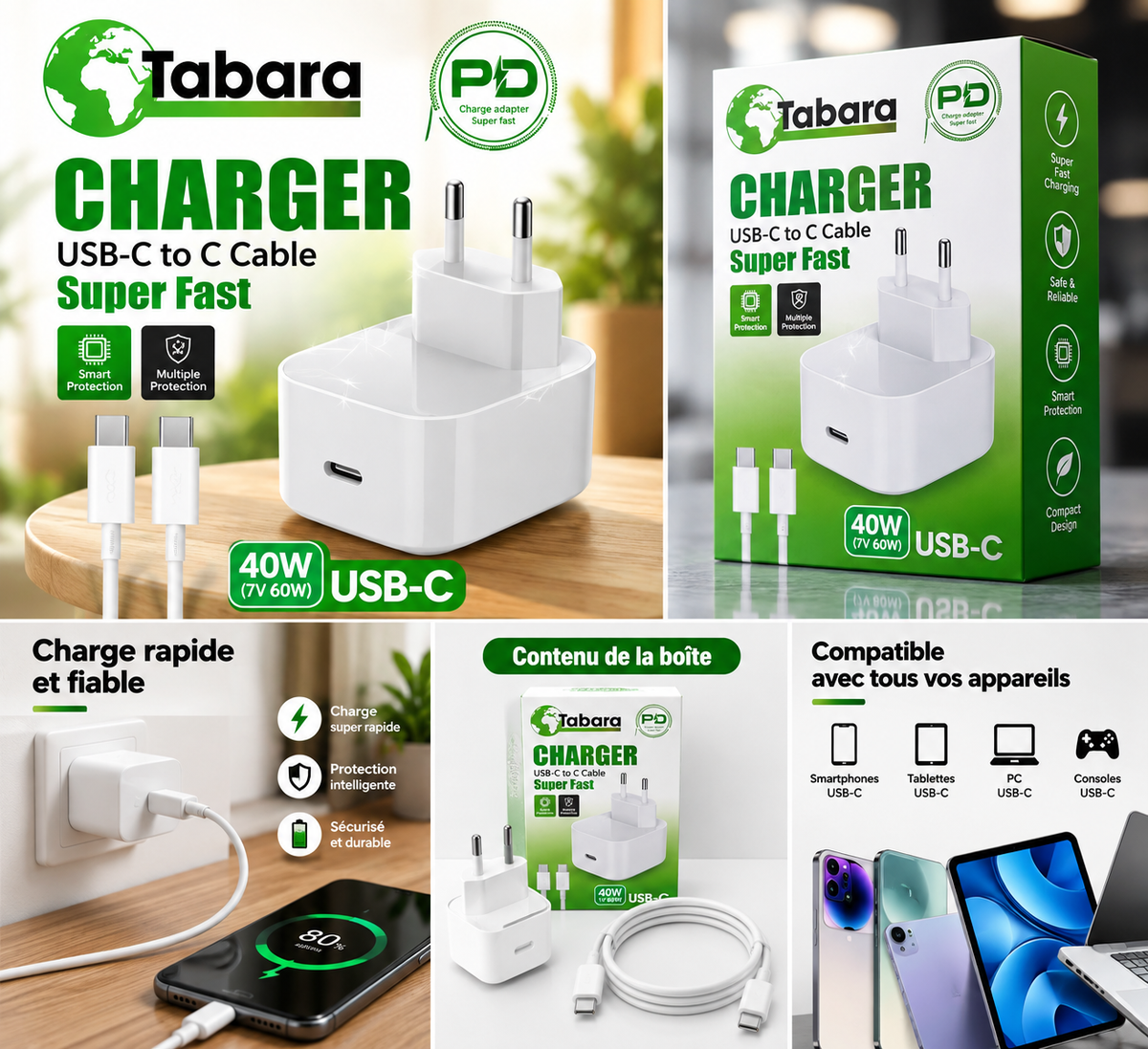 🔌 CHARGEUR TABARA 40W TYPE C