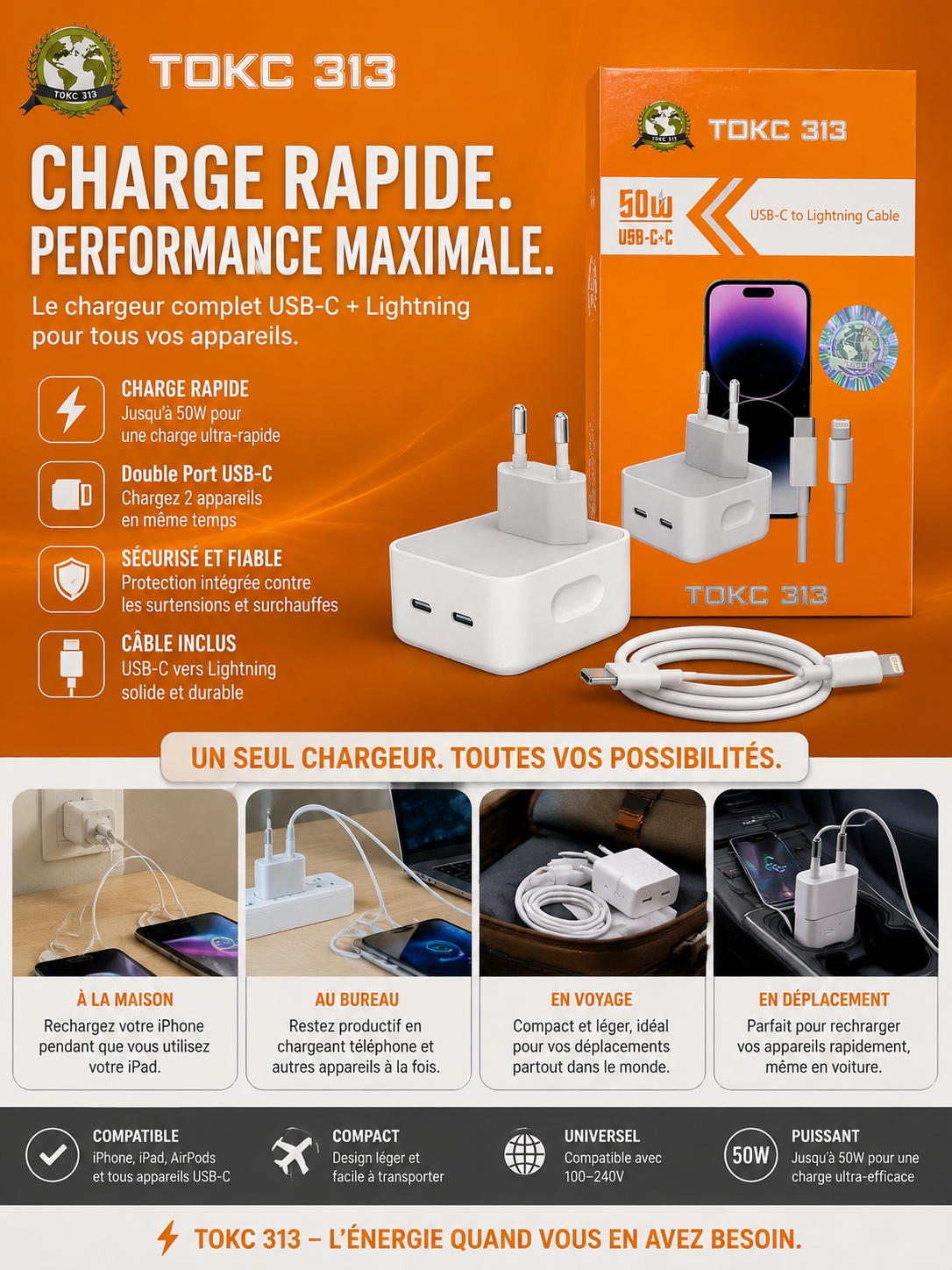 ⚡ TDKC 313 – Chargeur Rapide 50W
